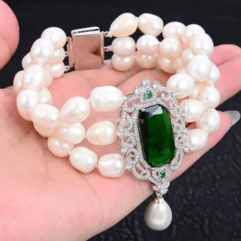

GuaiGuai Jewelry 8'' 8*12MM White Rice Pearl Green Jade Crystal Cz pave Connector Bracelet Shell Pendant