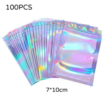 

100 Pcs/Set Foil Packaging Bag Thick Holographic Rainbow Food Storage Bags Cosmetic Pouches Laser Plastic Zip Lock Bags