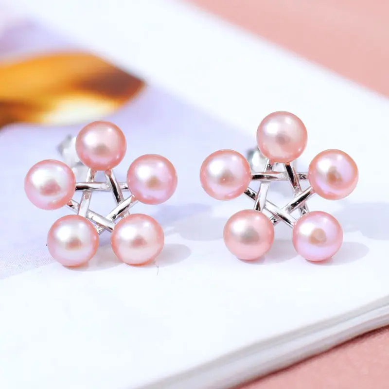 

DMCEFP080 4-5mm Freshwater Pearl Studs Earrings Four-Pearls Real 925 Sterling Silver Earrings For Women