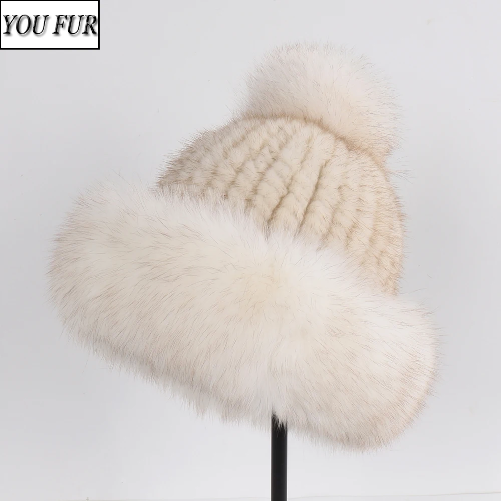 

New Brand Lady Knit Natural Mink Fur Hats Knitted Fluffy Women Real Fox Fur Hat Women Winter Warm Genuine Mink Fur Caps