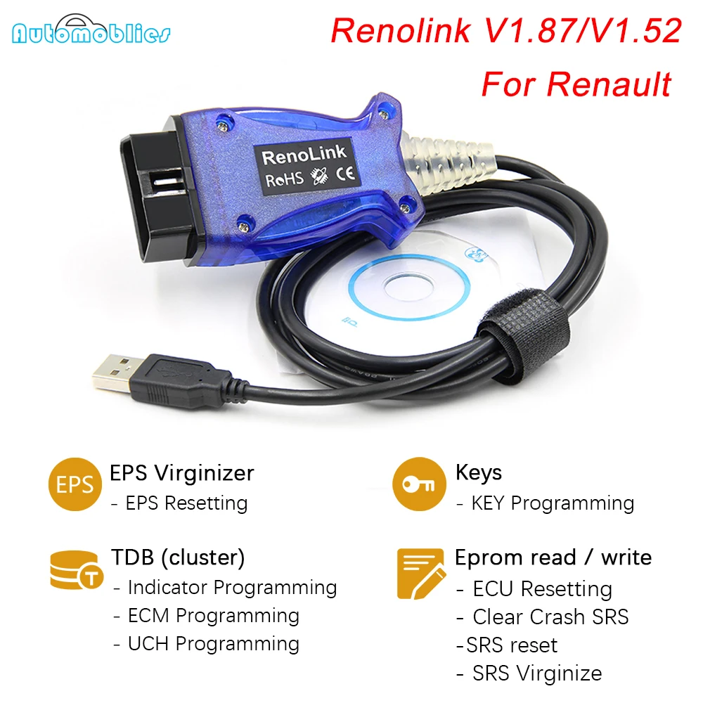 Renolink OBD2 для Renault ECU Программатор V1.87 RENOLINK V1.52 программирующий туннинговый