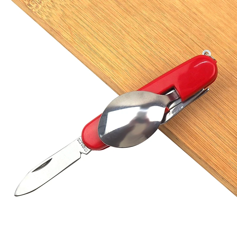 ABUO-Multifunction Outdoor Camping Picnic Tableware Folding Fork With Spoon And Knife Bottle Opener Stainless Steel Cutlery