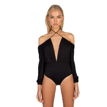 

Sexy Long Sleeve Bodysuit Blouse Off Shoulder Barboteuse Deep V Hollow Out Slash Loose Rompers Swiming Suit Woman Sexy Lingere