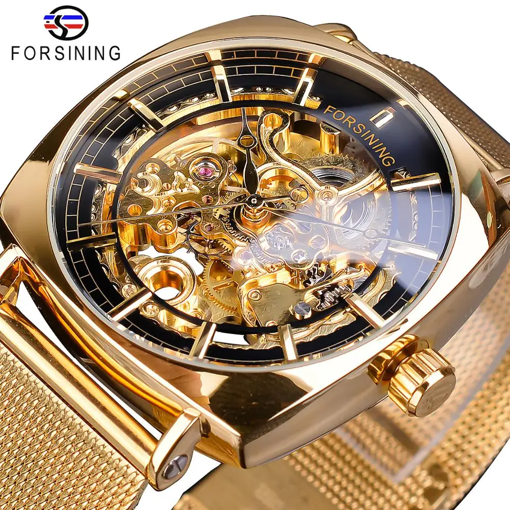 

Forsining Golden Square Men's Mechanical Watch Ultra Thin Analog Royal Skeleton Stainless Steel Mesh Strap Dress Automatic Clock