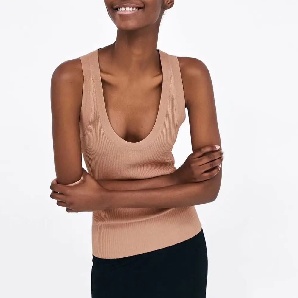 

Casual Knitted Vest Sweaters Top Ladies Autumn Solid color Sleeveless Deep V-neck Slim Sweater Vest