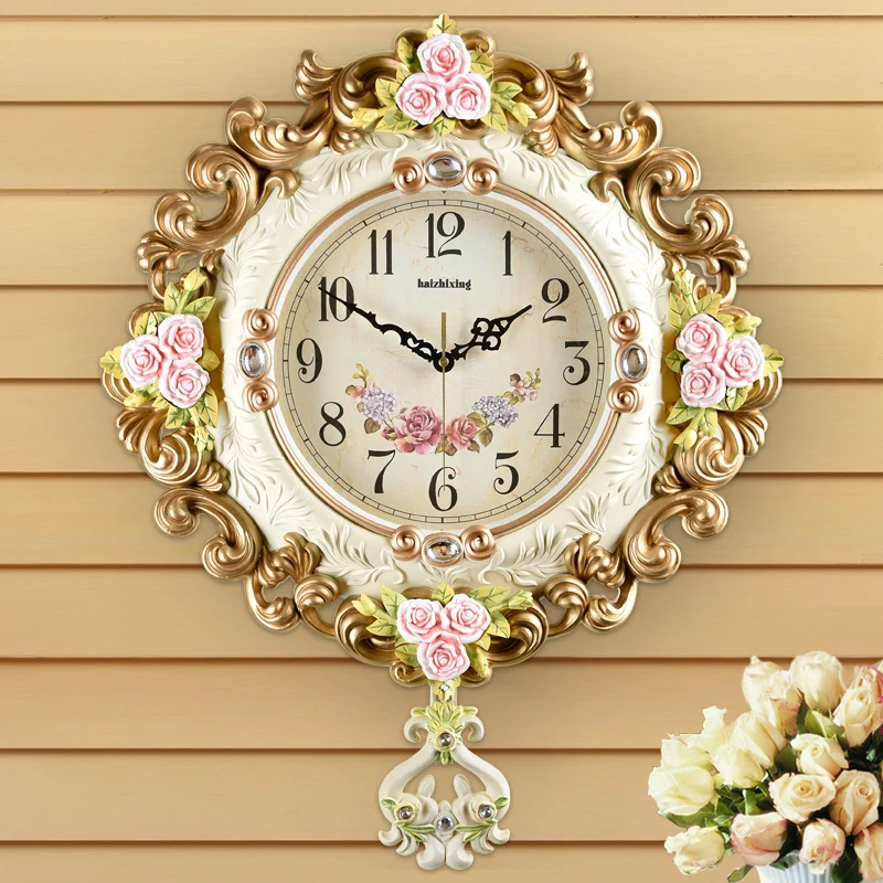 TUDA European Style Golden Living Room Decoration Mute Swing Large Wall Clock Bedroom Retro Home Flower Engraving White Clock