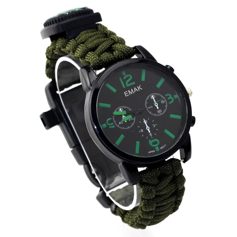 

Hot Sales Product Men Multi-functional Electronic Watch Outdoor Umbrella Rope Weaving Compass Whistle Top Grade Business Watch