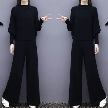

HOT Women Two Piece Long Sleeve Bandage Top Wide Leg Pants Suit Bat Sleeve Knit Wide Leg Pants Loose Fashion Suit Large Size
