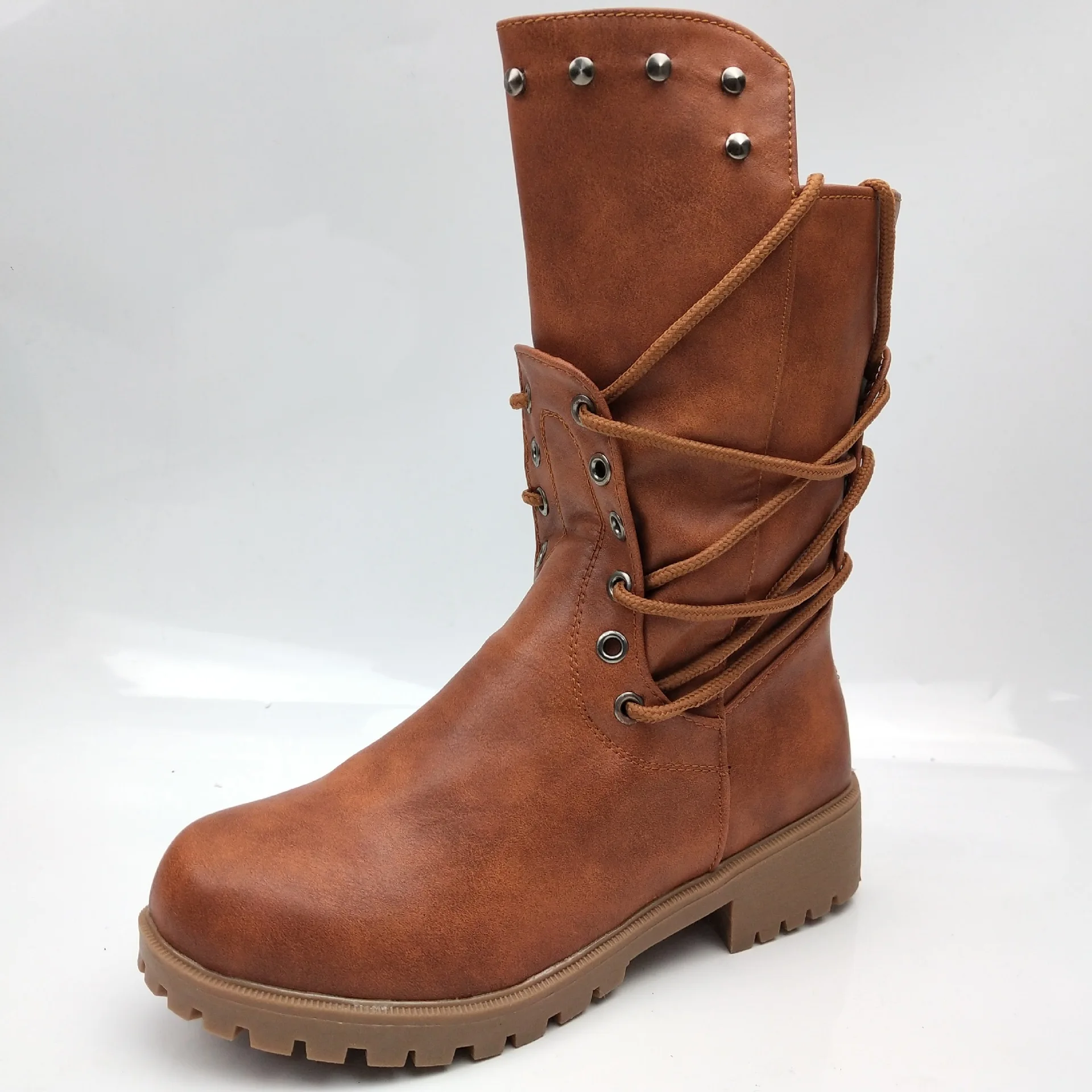 

2020 New Style Chunky-Heel round-Toe British Style Brown Stretch Boots Versatile Biker Boots Lace-up Fashionable Boots Women's