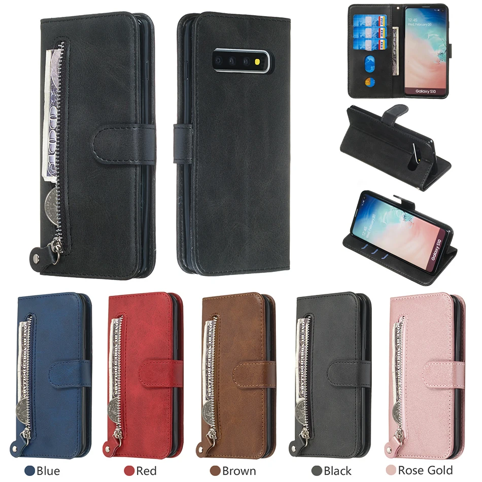 

Zipper Wallet PU Leather Stand Case For Samsung Galaxy S10 S10e S9 Plus Note 10 9 8 A10 A20 A20e A30 With Card Slot Flip Cover