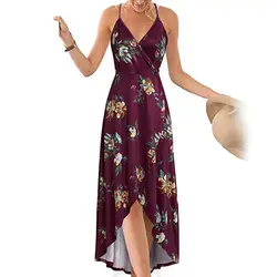 Асимметричный Спагетти ремень уличная длинная V Шея Праздничная Дамская Передняя Крест Плиссированное женское платье цветочный пляжный