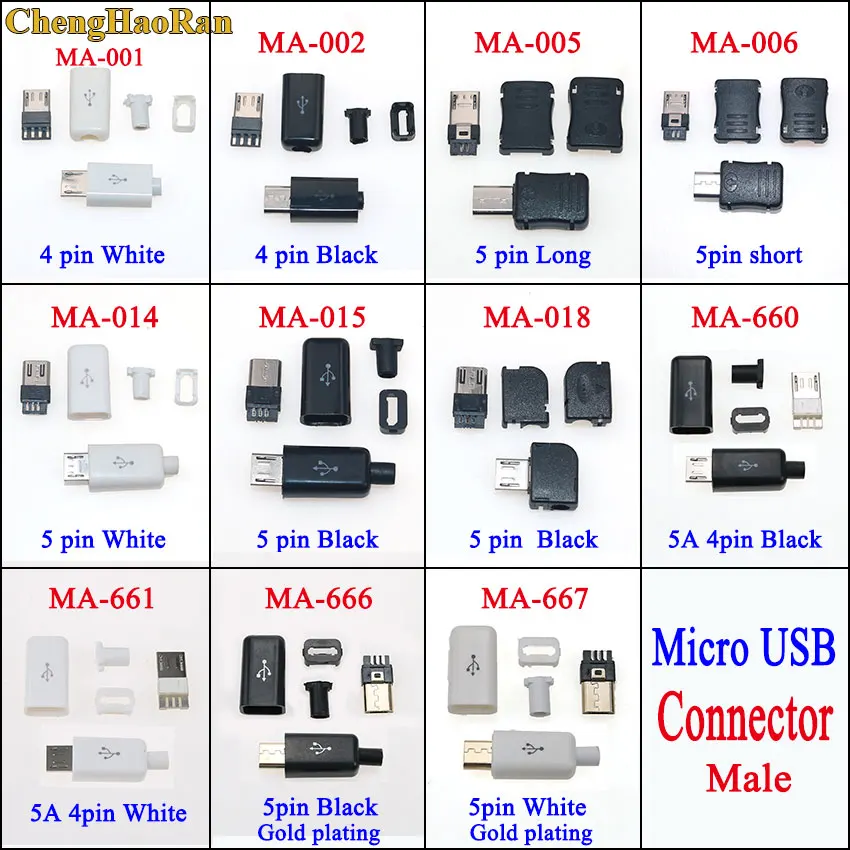 ChengHaoRan 100 набор микро-usb 4Pin 5Pin Мужской Разъем Черный Белый Сварочные данные OTG линейный интерфейс DIY кабель аксессуары