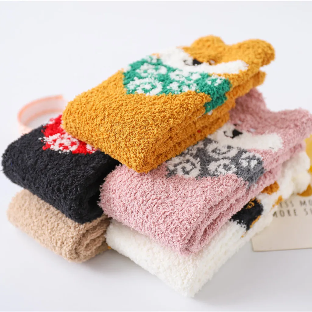 Winter Women Socks Cartoon Puppy Coral Fleece Floor Socks Lovely Thickening Cotton Middle Socks Keep Warm Socks Christmas Gifts