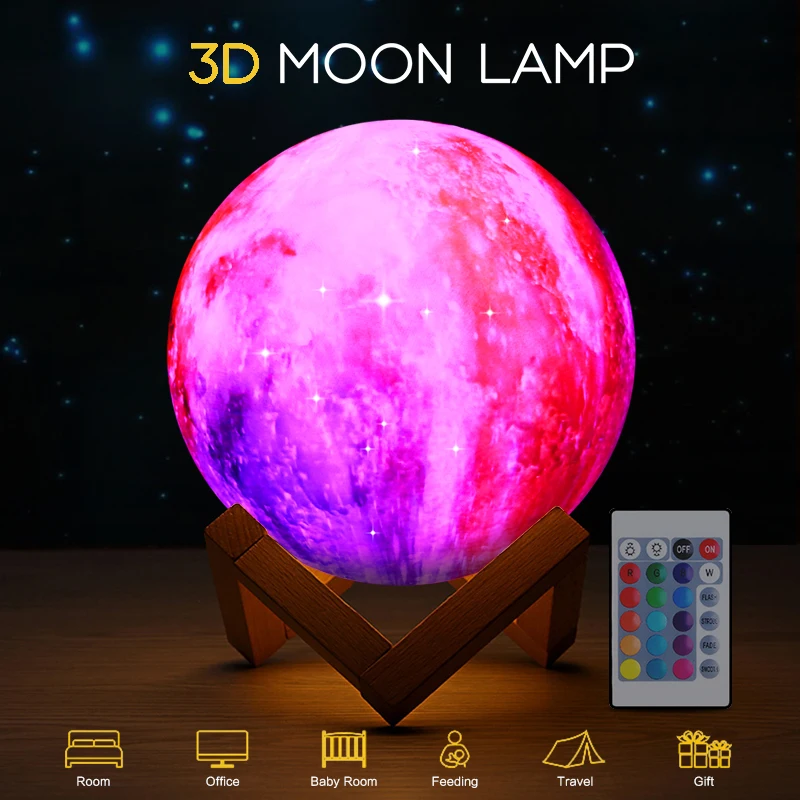 

Romantic 3D Print Colorful Sky Moon Lamp Rechargeable Night Light For Moon light with 3Colors 16Colors Remote Decor Gift