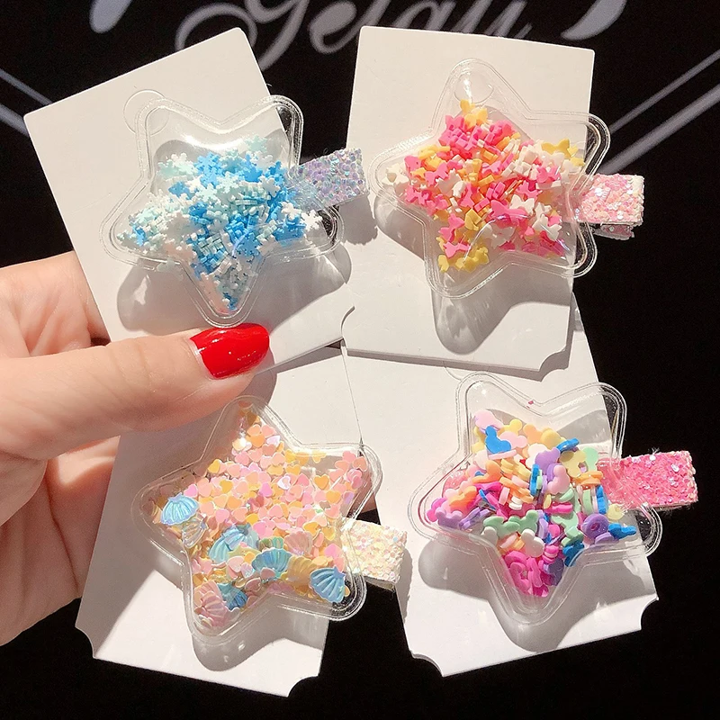 Cute Children Hair Clips Transparent Shiny Sequins Hairpins Stars Heart Geometric Barrettes Hairgrips Girls Princess Headwear