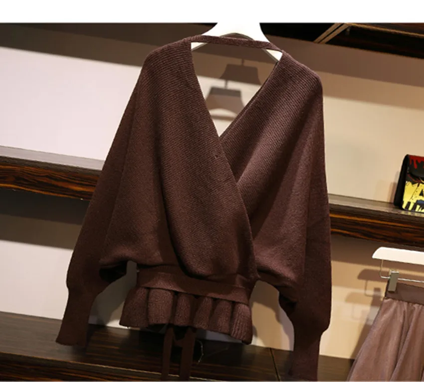 HAMALIEL свитер женский костюм из двух предметов осень-зима рукав летучая мышь вязаный Свободный V шеи ремень пуловеры Топ+ сетка миди юбка комплект