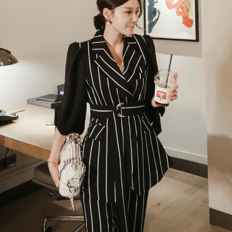

Spring Autumn Fashion Striped Korean Work Two Piece Set Women Blazer Jacket & Pencil Pants Set Suits Work Business OL Outfits
