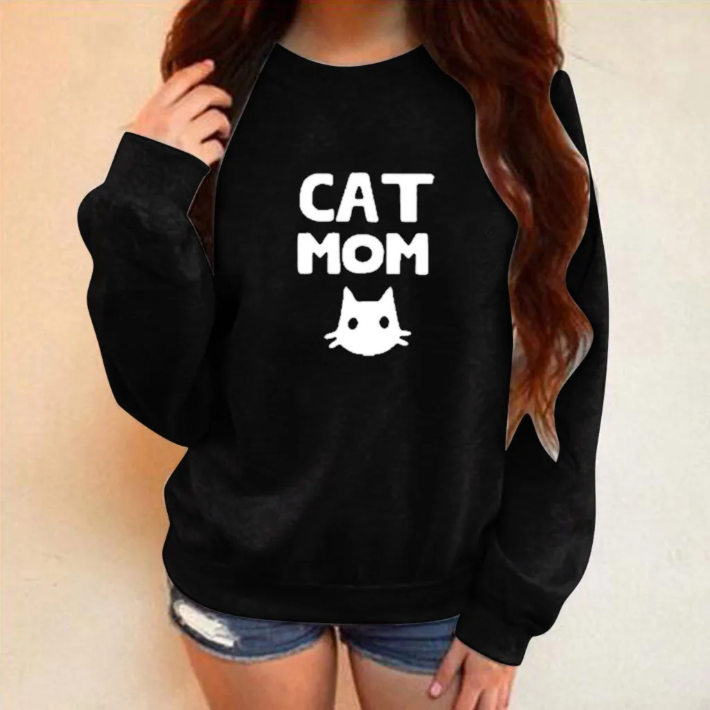 Осень свитшоты Женские топы с надписью «What MoM» принт «Cat MoM» Повседневный пуловер Джемпер с длинными рукавами женская одежда# G8