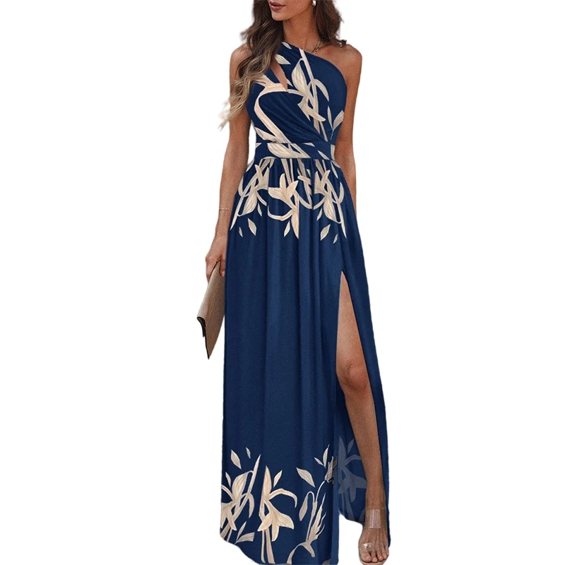 

Vintage Printed Women Party Dress 2021 New Fashion Sexy One-shoulder High Slit Lady Elegant Dress Casual Slim Long Dress Vestido