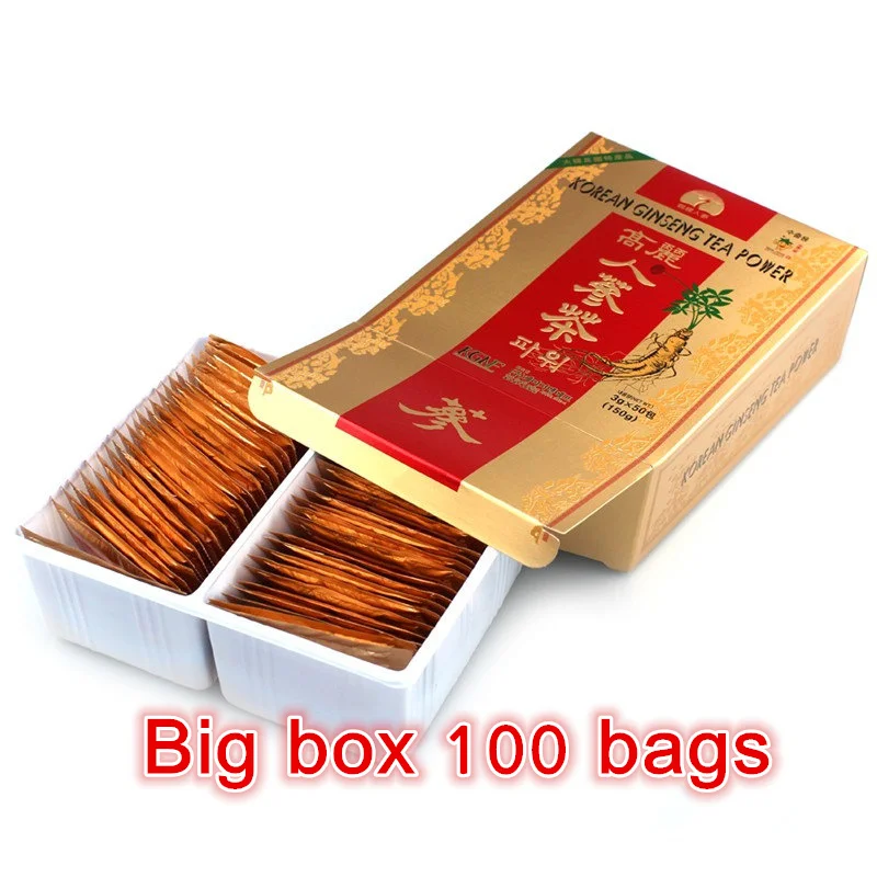 100bags big box 1-100 Сумки, Усилитель энергии, южнокорейский импорт, корейский женьшень T-e-a напиток, красный женьшень, Сделано в Корее, быстрая - Цвет: 100bags big box