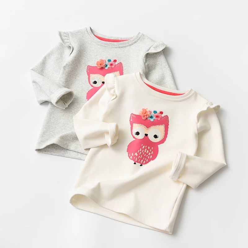 New Autumn Baby Girls Long-sleeved O-necked Flower Owl T-shirt Ruffles Shirt Cotton Children's Fly Long-sleeved T-shirt