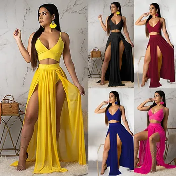 

Tracksuit Two piece set Women Fashion Solid Overlapping Sleeveless Tank Fork Opening Skirt 2 Set Piece Pullover Summer Set#G2