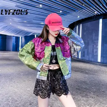 

Punk Style Sequins Denim Jacket Women New Contrast Color Short Jeans Jackets Spring Autumn Loose Outwear Streetwear Denim Coats
