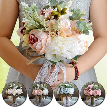 

Retro Rustic Style Bride Bridesmaid Bouquets Artificial Peony Fake Rose Wedding Holding Flower Long Ribbon Lace Party Decoration