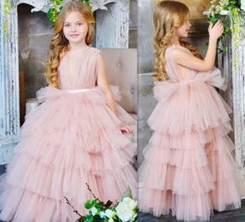 

Pretty Princess Flower Girl Dresses Sheer Pink Tiered Tulle Girls Communion Dress Pageant Party Gown Size 2-16Y