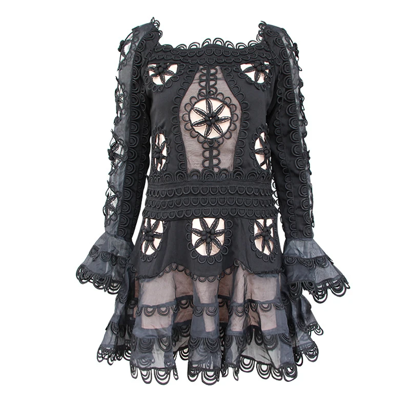 black TWOTWINSTYLE платье с цветочным рисунком, с вырезом лодочкой, с расклешенными рукавами, Драпированное мини-платье русалки, большие размеры, Весенняя модная новая одежда - Цвет: black