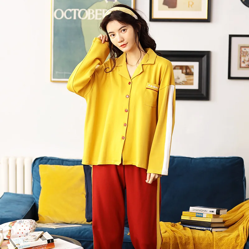 

7089 Pajamas Women's Spring And Autumn Pure Cotton Korean-style Cardigan Tracksuit Sweet Long-sleeve Suit Students Long Sleeve T