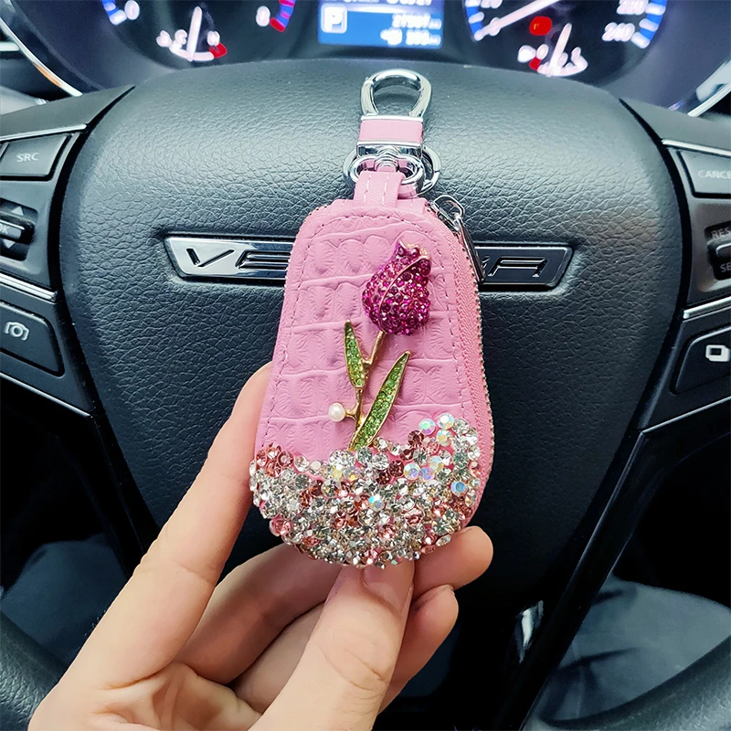 Car Key Chain 1 Pcs Flower Car Key Holder Storage Case Crystal Diamond Keychains Key Cover Remote Bag For BMW Lada Interior Accessories Key Case