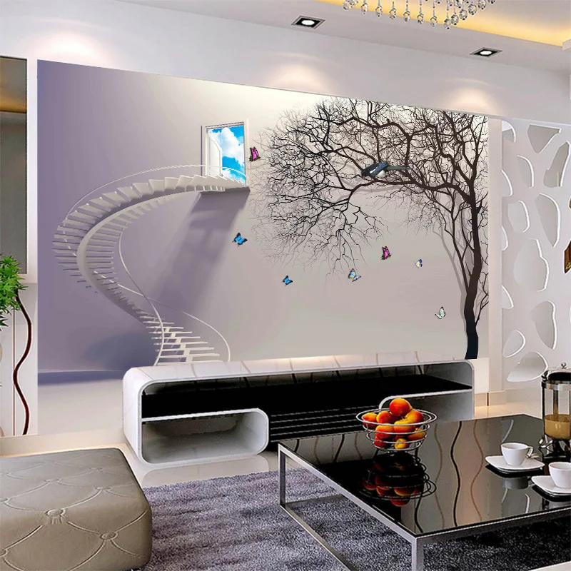 

home improvement project wall sticker 3d seamlesssofaTV bedroom background 3D wall staircase abstract tree DIY