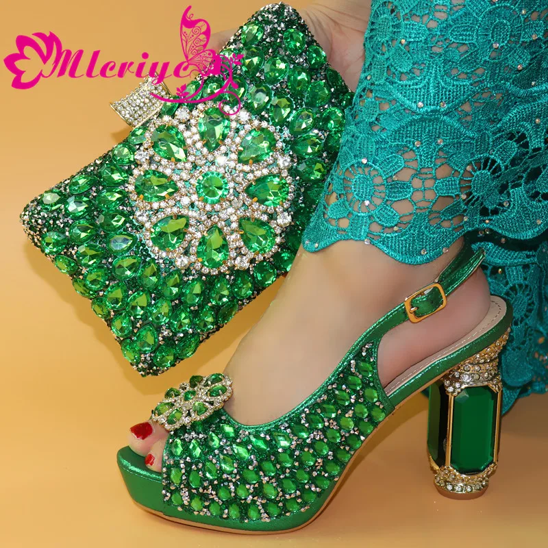 

African Wedding Italian Shoe and Bag Set Decorated with Rhinestone Matching Italian Shoe and Bag Set High Heels Open Toe Sandals