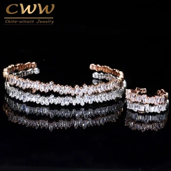 

CWWZircons New Fashion Rose Gold Color Baguette Cubic Zirconia Cuff Bracelet Bangle And Ring Sets Best Friend Jewelry Gift T170