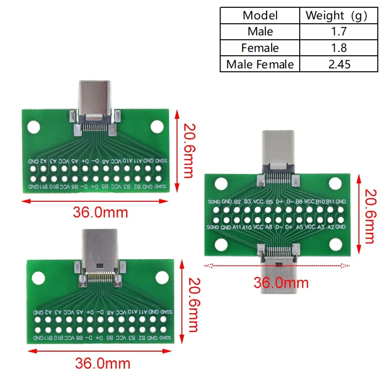 Typ-C Stecker auf Buchse USB 3.1 Test PCB Board Adapter Typ C 24P 2,54mm Stecker Buchse für Datenleitung Draht Kabel Übertragung – Detail 4