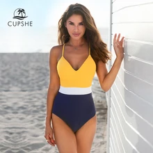 CUPSHE, цветной, желтый, белый, темно-синий, v-образный вырез, Цельный купальник, сексуальный, мягкий, Женский Монокини,, для девушек, пляжный купальник, купальник