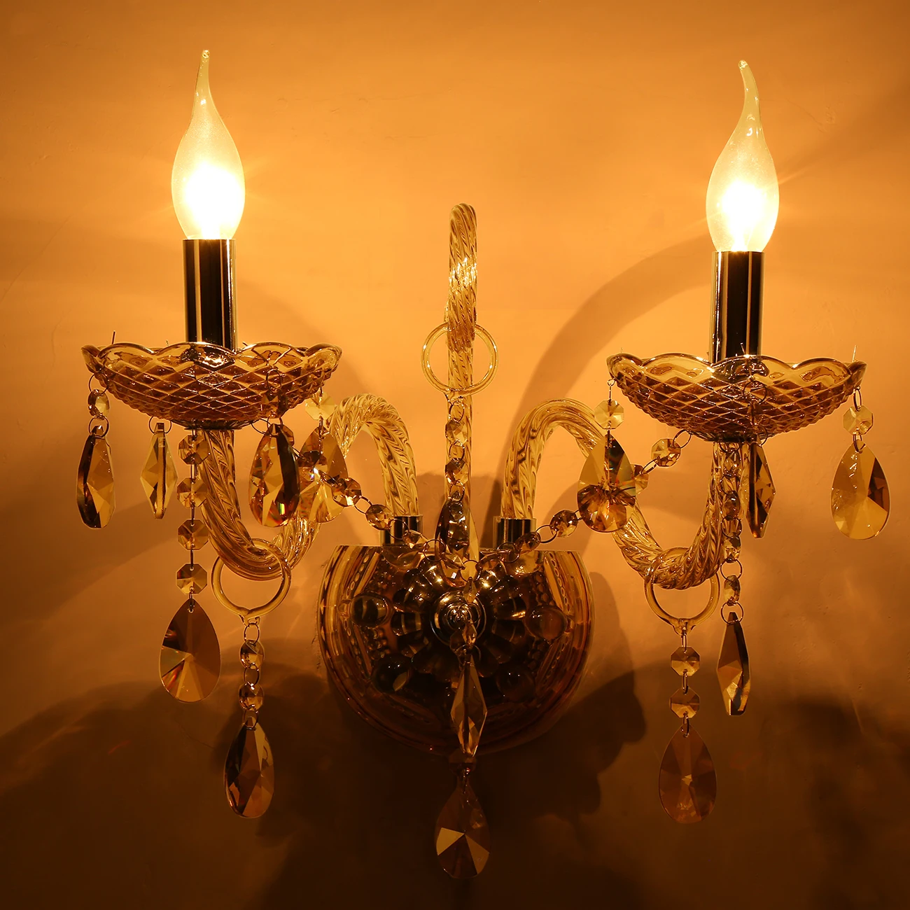 

Honhill E14 Wall Lamp Luxurious Bedroom Bedside 2 Crystal Lights Wall Sconce Crystal Wall Light For Home Ligting Cognac Color