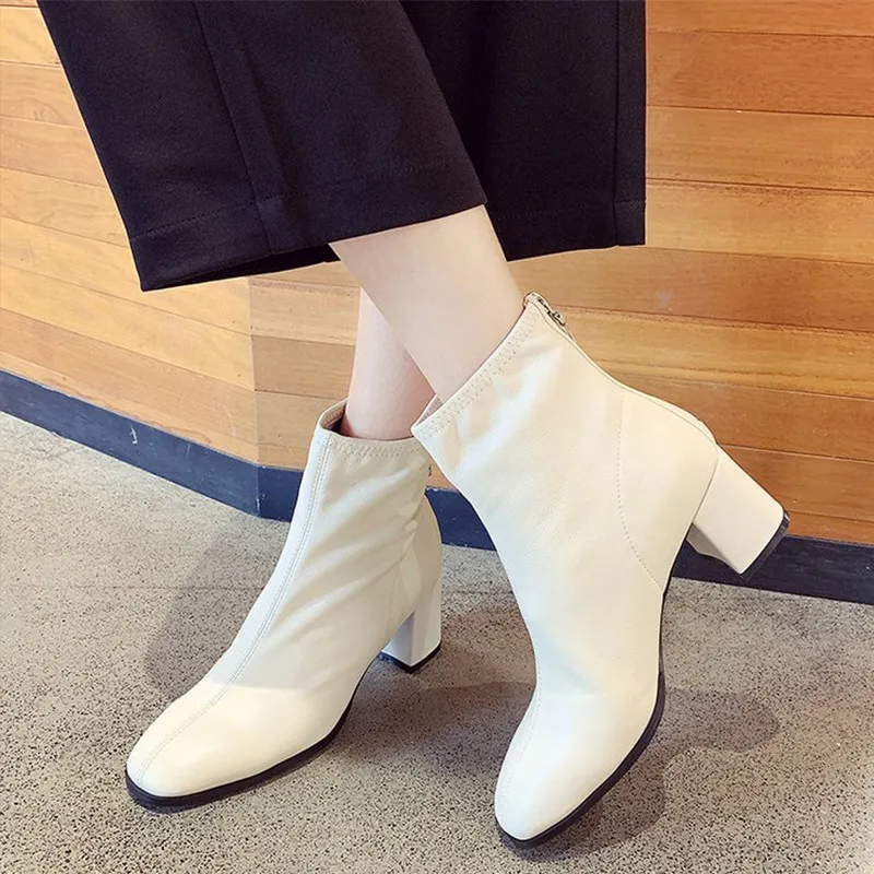 

New Autumn Ankle Boots Women Zip Pu Leather Square Toe Chunky High Heels Short Boot Female Fashion Sewing Casual Shoes