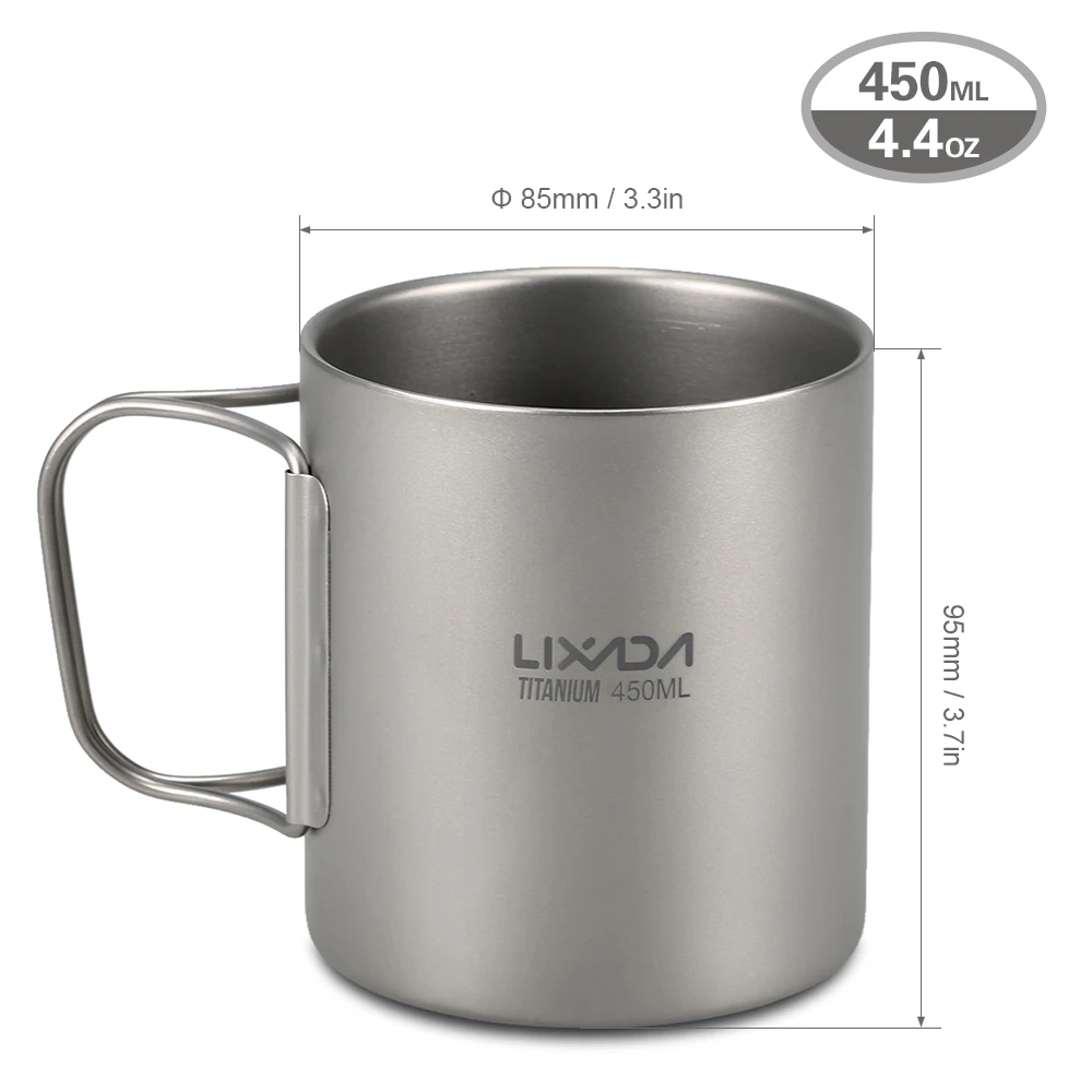 Lixada походная посуда 450 мл, титановая чашка с двойными стенками, чашка для воды, кофе, чая, Кружка со складной ручкой, походная, для улицы - Цвет: 450ml