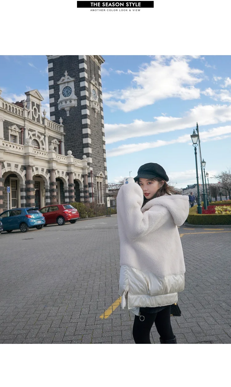 Фото фотосессия основной толчок шикарный ягненка шерсть Off-white свободный крой с капюшоном на шнуровке молнии сустава макет Двухсекционный Хлопок пальто женщин