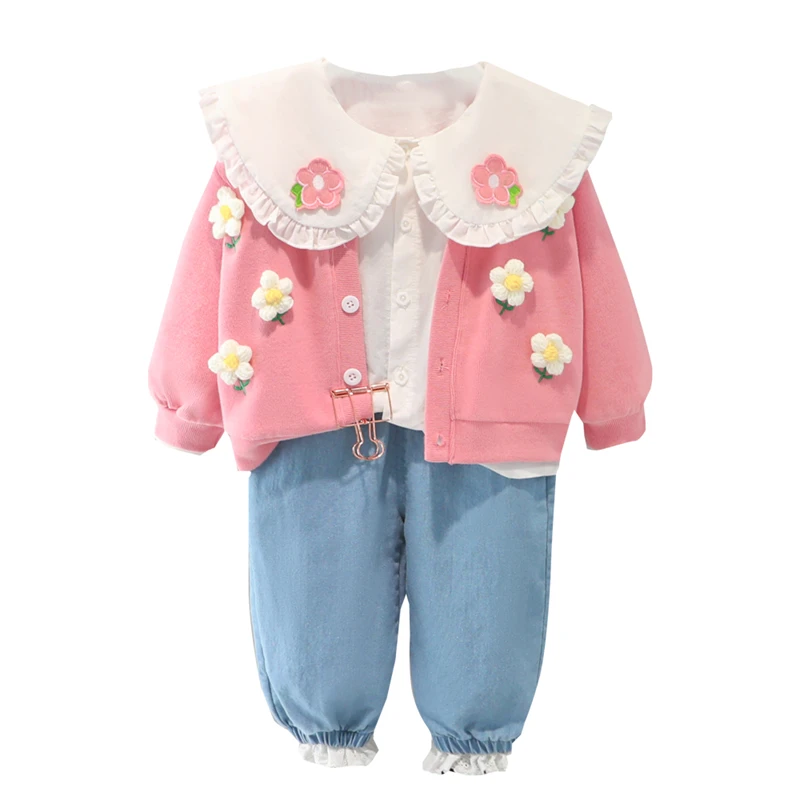 

3pcs Children Vacation Costume Suit Spring Baby Girls Clothing Sets Infant Clothes Outfit Newborn Flower Coats Lace Shirt Jeans