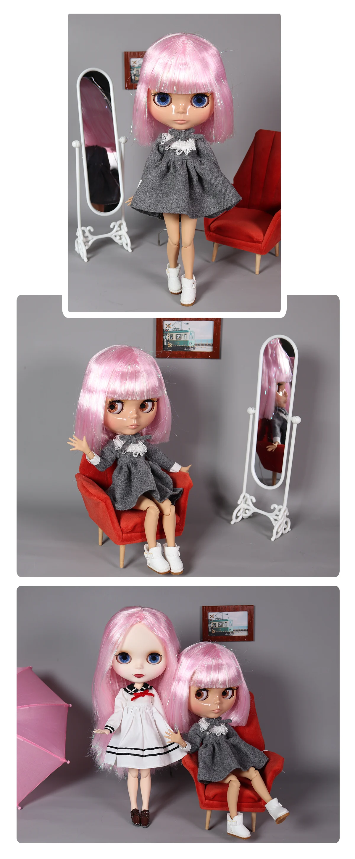 Neo Blythe Puppe mit rosa Haaren, brauner Haut, glänzendem, süßem Gesicht und Custom Gelenkkörper 1
