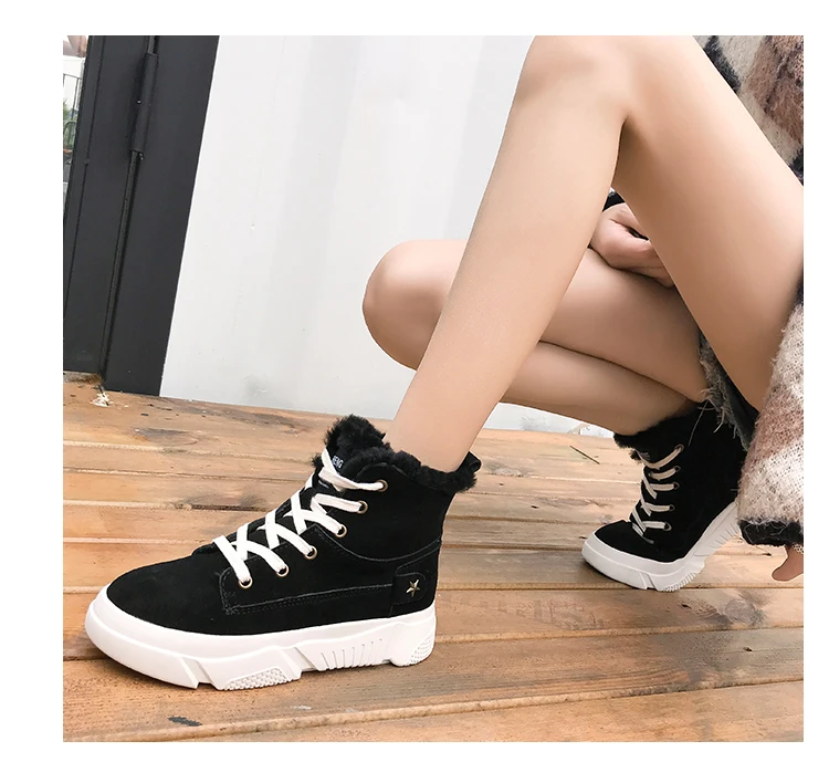 Aphixta Platform Shoes Winter Snow Boots Women Ankle Boots Flat Heel Star Lace-up Fur Bottes Flock Warm Plush Shoes Woman Boot