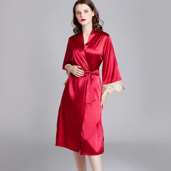 

Sexy Satin Burgundy Nightwear Gown Silk Gowns For Women Morning Robe Sleepwear Soft Homewear Long Solid Color Split Bathrobe