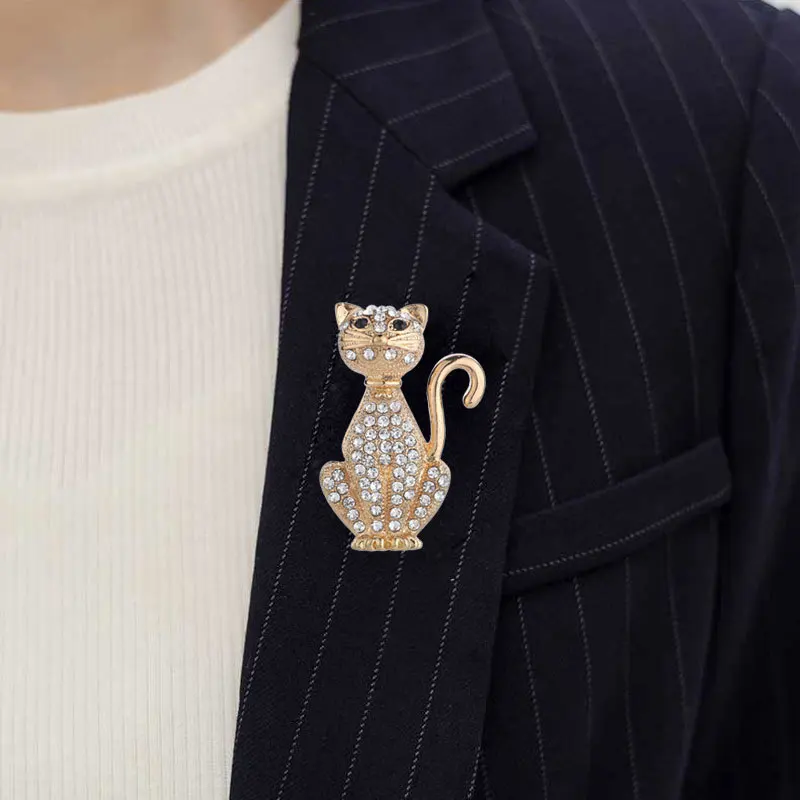 Animal Cat Alloy Brooches 47*33mm Gold Tone Plated Rhinestone Crystal Jewelry Garment Ornament Women Scarf Brooch Clip Pins 3pcs | Украшения