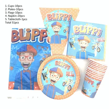 

51pcs/lot Blippi Toy Theme Party Disposable Tableware Blippi English Teacher Birthday Baby Sets Party Decoration Supplies