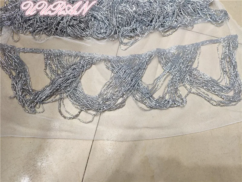 Ручной работы бисером бахрома серебро жемчуг лента вышивка отделка Кружева Tassle