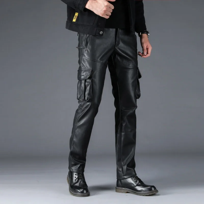 Men's Winter Warm Leather Pants With Multi Pockets Motorycle Pu Leather Trousers For Male Fleece Lined Size 29-40 Black (3)