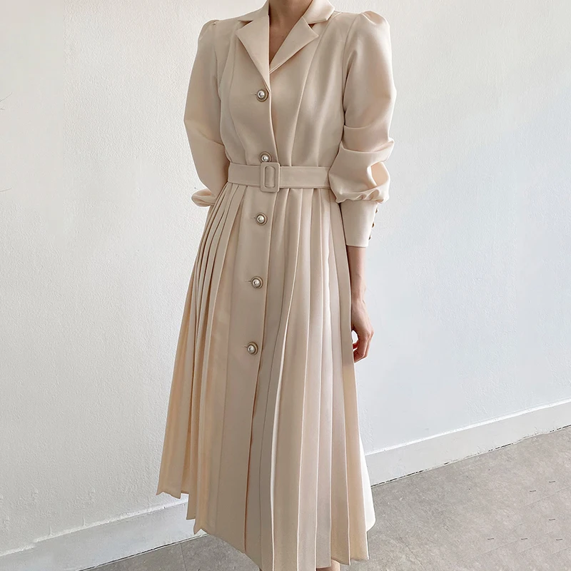 New Chic Elegant Women Notched Collar Long Dress Fall Winter Pearl Single  Breasted Lantern Sleeve Office Ladies Dress With Belt